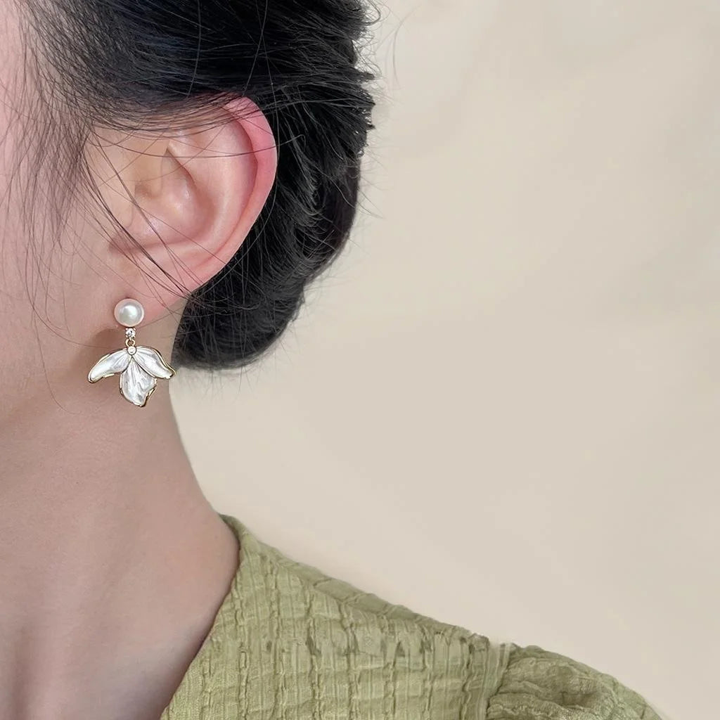 14K Gold Plated Copper Freshwater Pearl Micro Pave Zircon Iris Flower Sweet Drop Earrings