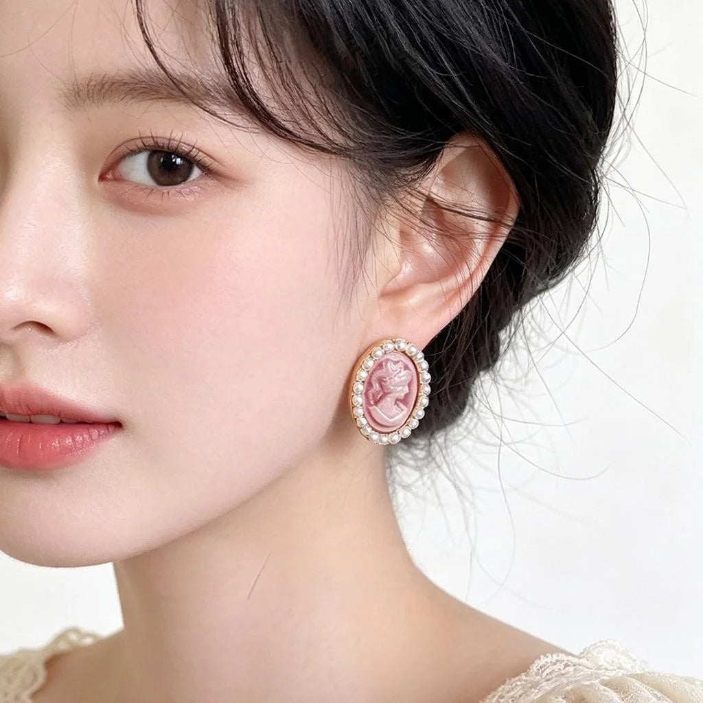 French Elegant Oval Portrait Stud Earrings Eco Copper Alloy Pink Beauty Geometric Jewelry