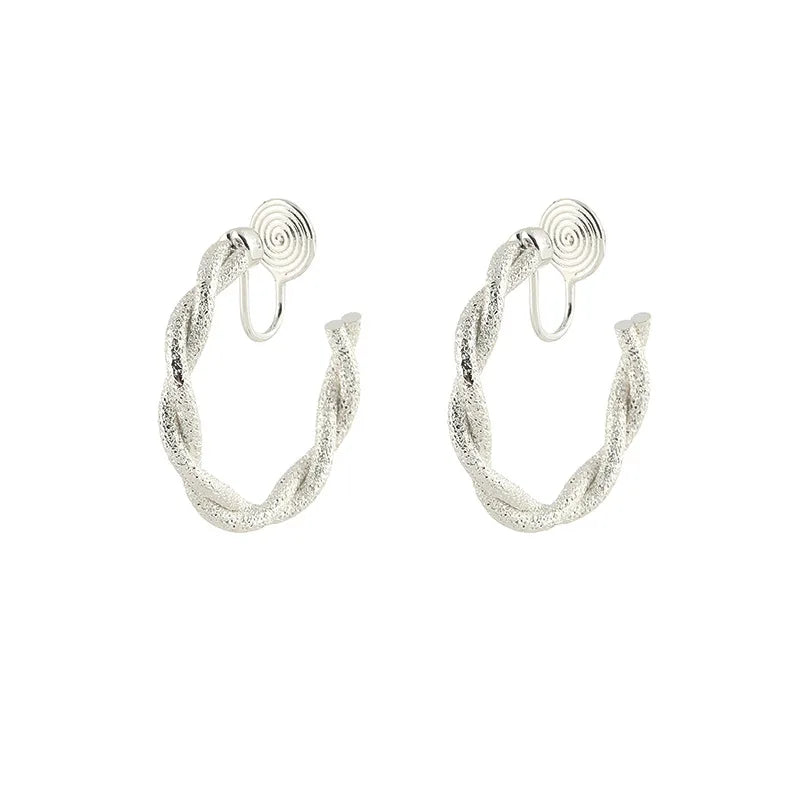 Elegant Frosted Alloy Twist Hoop Spiral Disc Stud & Clip On No Piercing Earrings