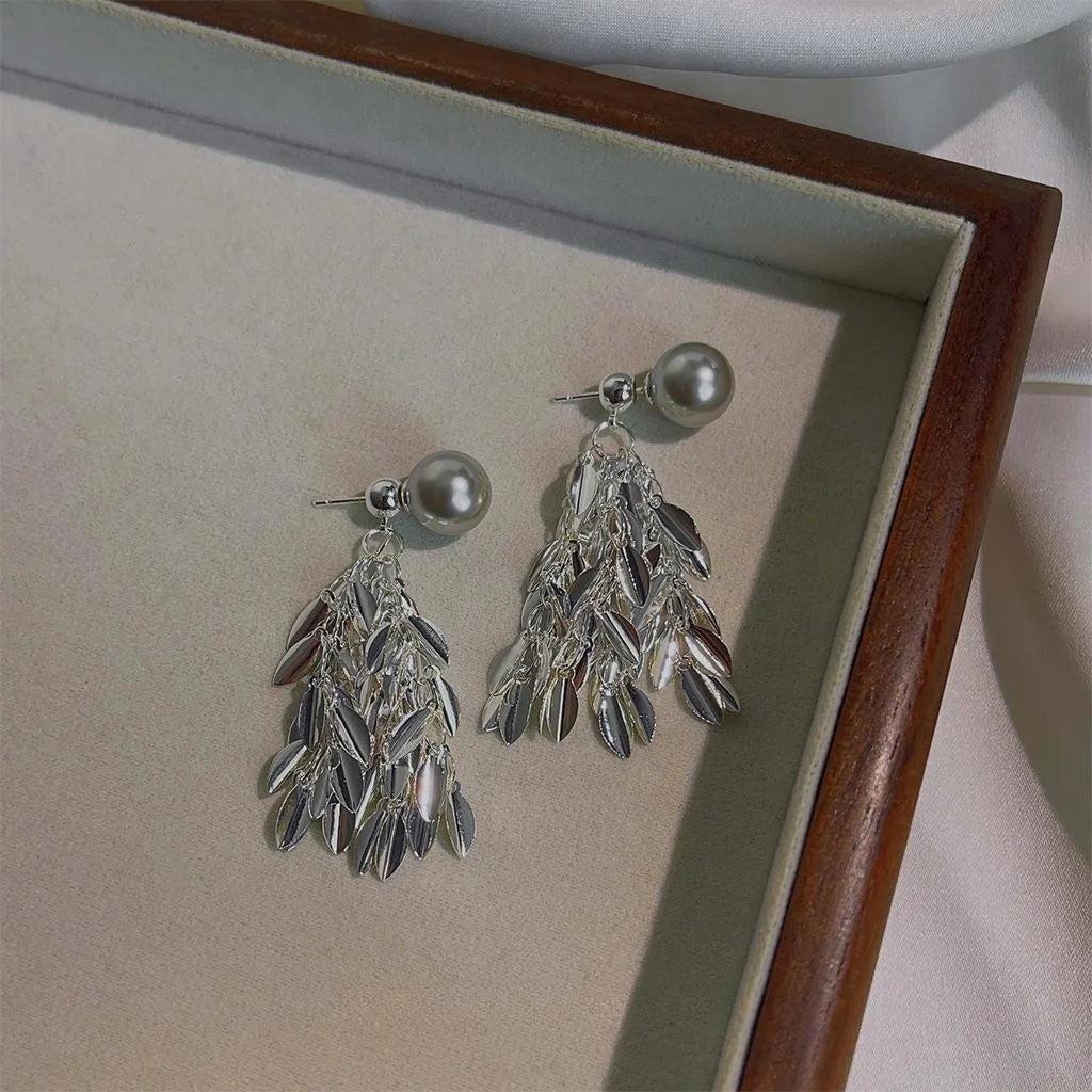 Two Way Shimmering Leaf Tassel Drop Earrings Copper Glass Pearl Light Luxury Jewelry