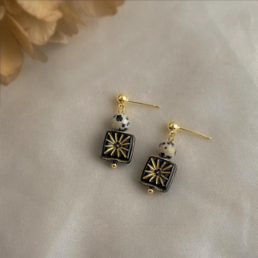 Vintage Czech Glass Geometric Square Round Handmade Drop Earrings for Women