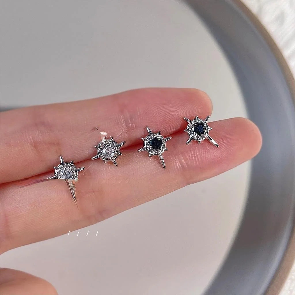Minimalist Six Point Star Stud Earrings Micro Pave Zircon Copper Korean Style Black White Jewelry