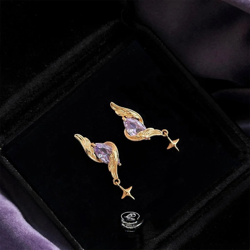 Light Luxury Purple Zircon Star Wing Stud Earrings Copper Silver Plated Geometric Jewelry