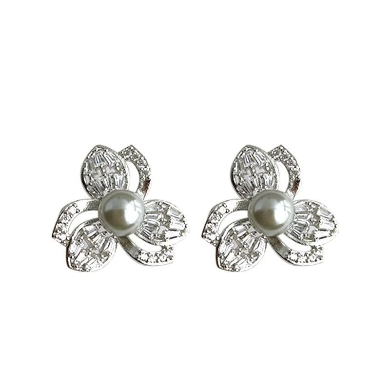 French Luxury Floral Zircon Pave Drop Earrings With Gray Glass Pearl Copper Flower Jewelry