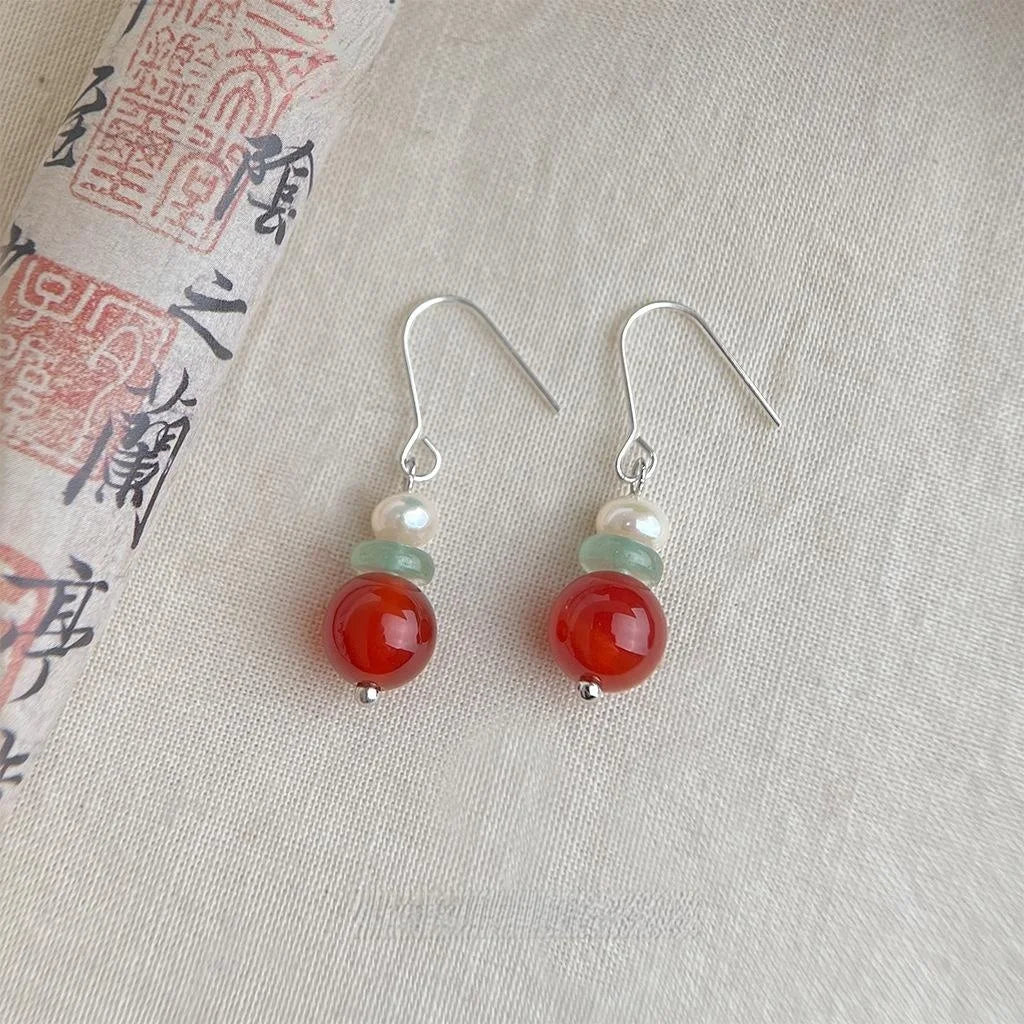 Vintage Palace Style Freshwater Pearl Red Agate Aventurine Geometric Round Drop Earrings