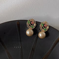 Hand Painted Floral Enamel Copper Drop Earrings With Cotton Pearls For Women