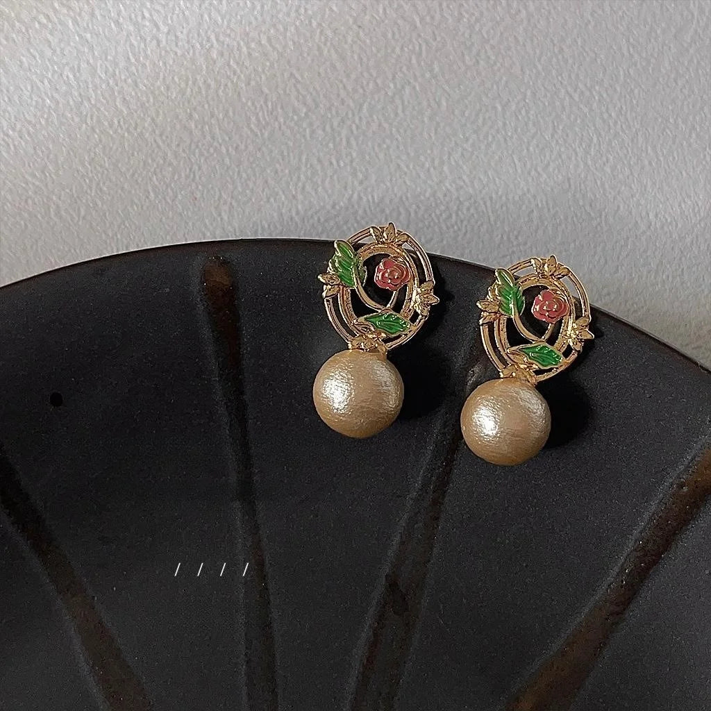 Hand Painted Floral Enamel Copper Drop Earrings With Cotton Pearls For Women