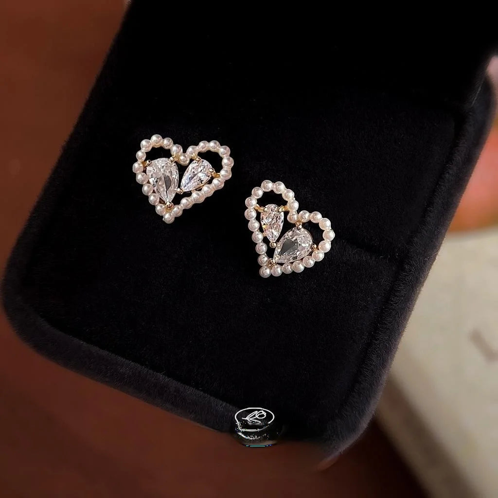 French Minimalist Heart Teardrop Zircon Stud Earrings Sweet Korean Style Copper
