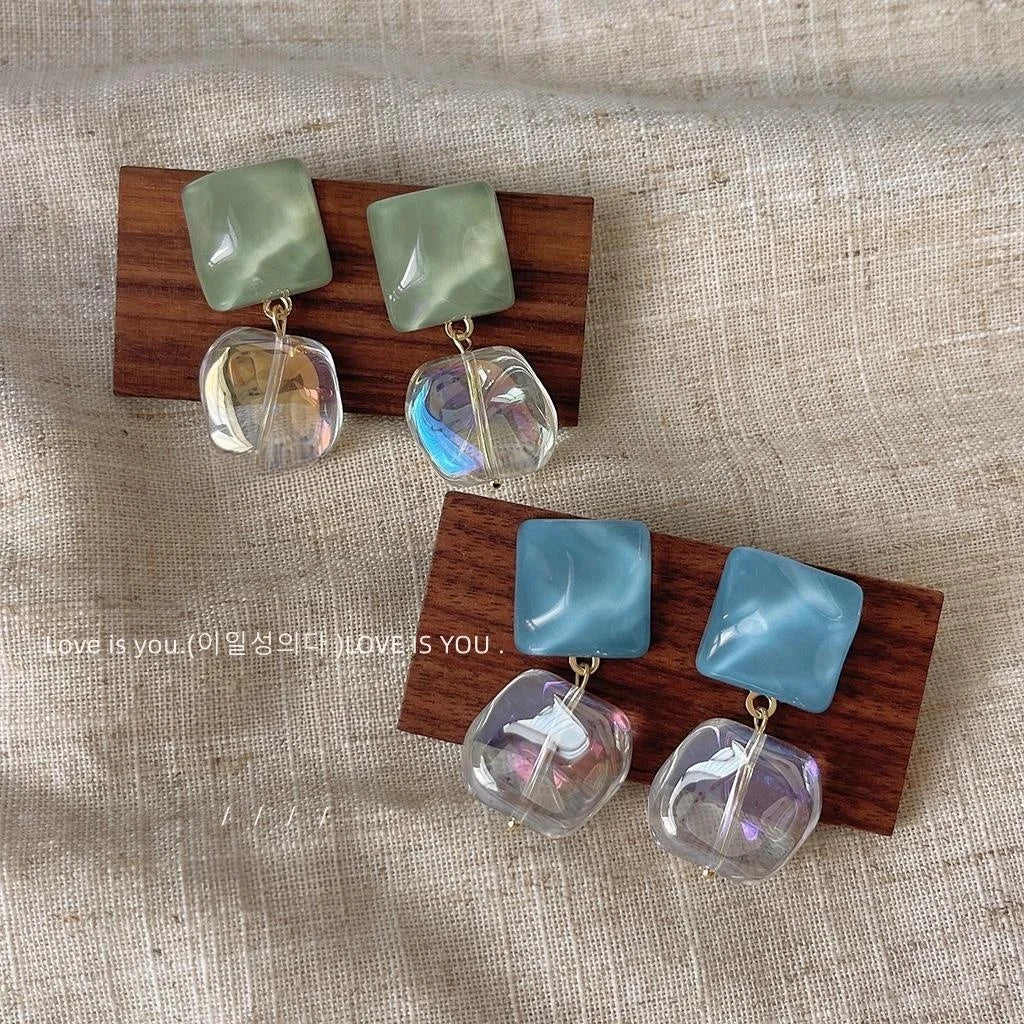Ice Blue Ocean Glass Glazed Square Geometric Stud Earrings Minimalist Fashion Jewelry