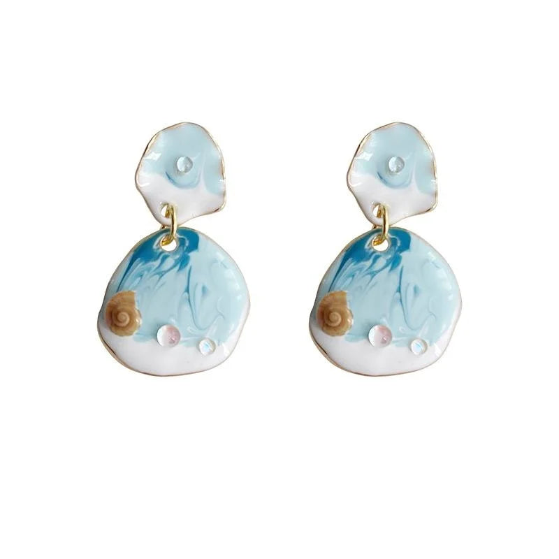 Blue Ocean Handmade Drip Glaze Copper Drop Earrings Irregular Geometric Resort Style Jewelry