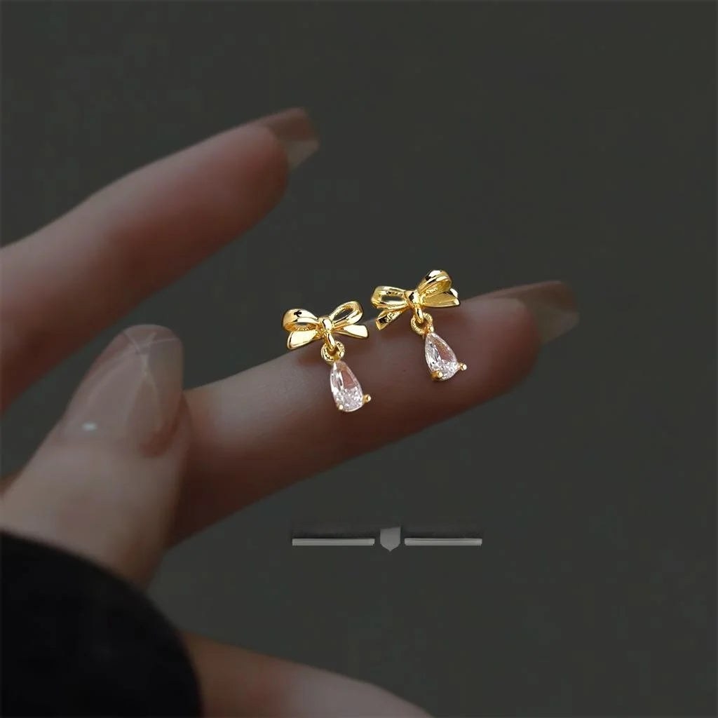 French Vintage Copper Bow Teardrop Stud Earrings With Micro Pave Zircon Sweet Commuter Jewelry