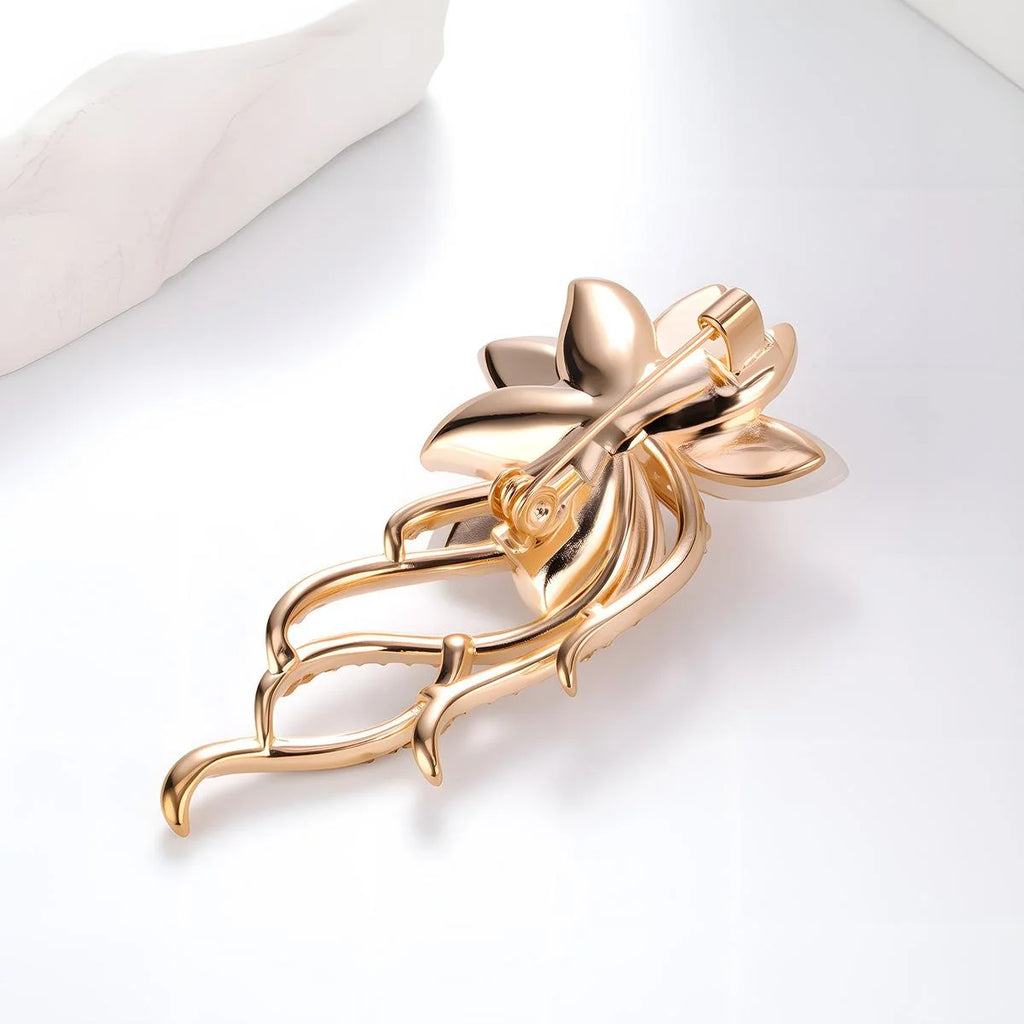 Elegant Rose Gold Alloy Orchid Flower Brooch With Cat Eye Stone And Rhinestones, Luxury Lapel Pin Corsage Gift