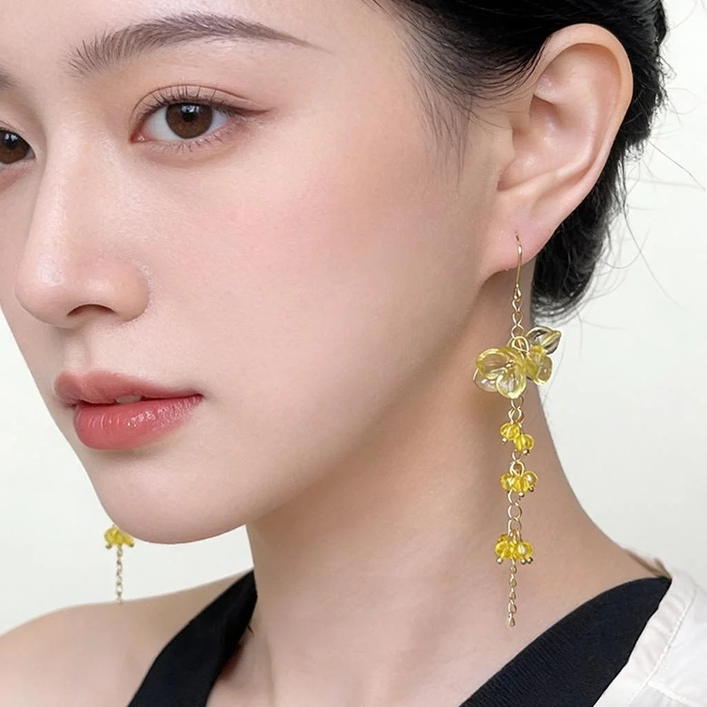 Summer Lemon Glass Crystal Acrylic Flower Tassel Chain Drop Earrings Forest Vacation Style