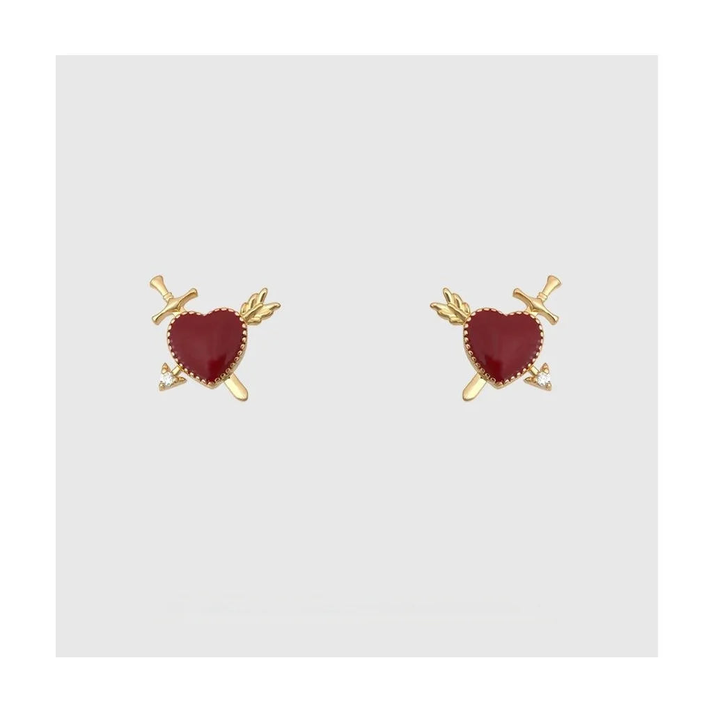 Original Design 18K Gold Plated Copper Heart Arrow Enamel Burgundy Stud Earrings