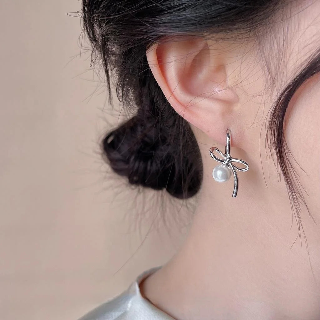2025 New Bowknot Glass Pearl Copper Drop Earrings For Women Style Designer Jewelry