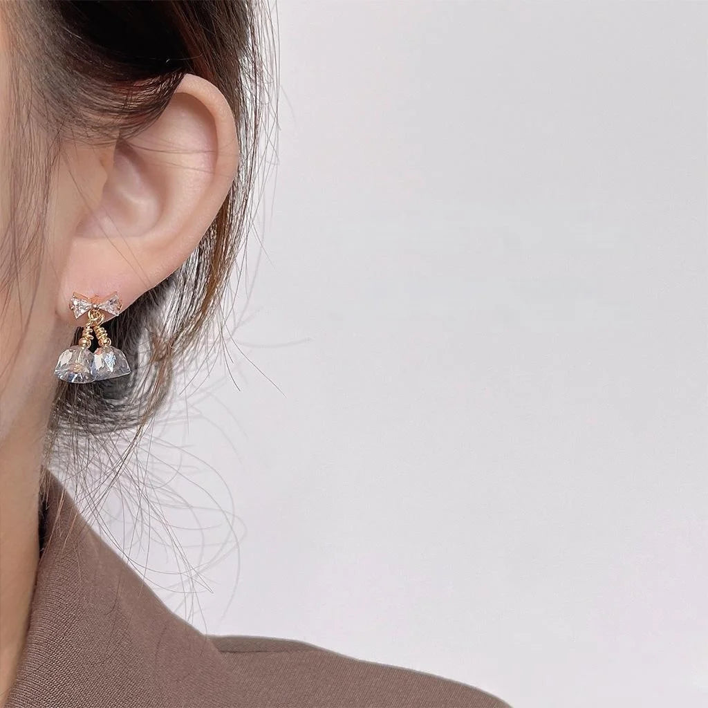 14K Gold Plated Copper Bow Flower Stud Earrings, Zircon Glass Bell Design