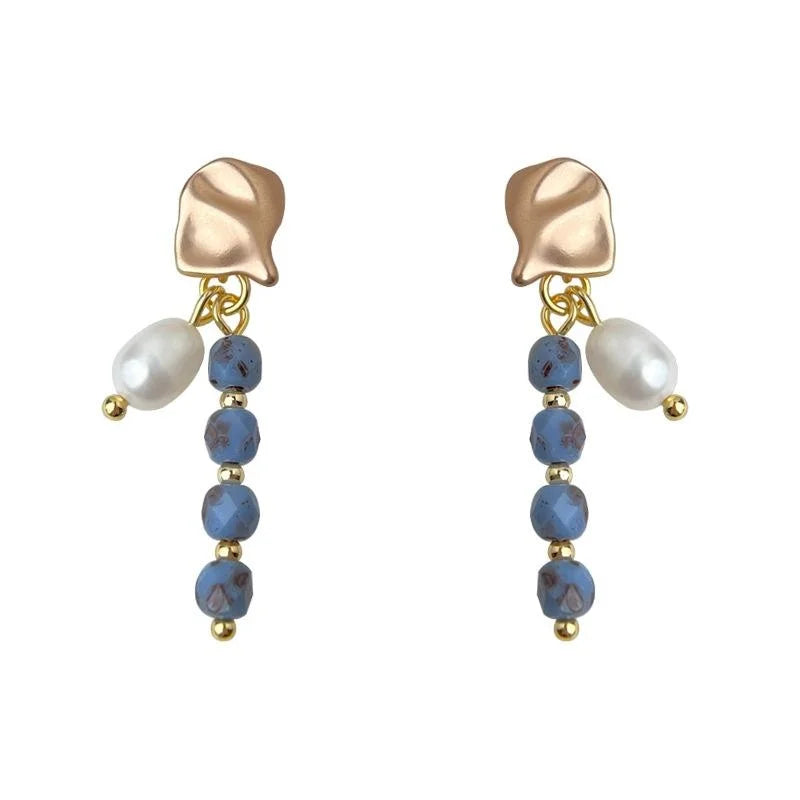 Handmade Ethnic Freshwater Pearl Czech Glass Geometric Long Drop Earrings