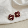 Premium Burgundy Enamel Geometric Hollow Stud Earrings, 14K Gold Plated Copper