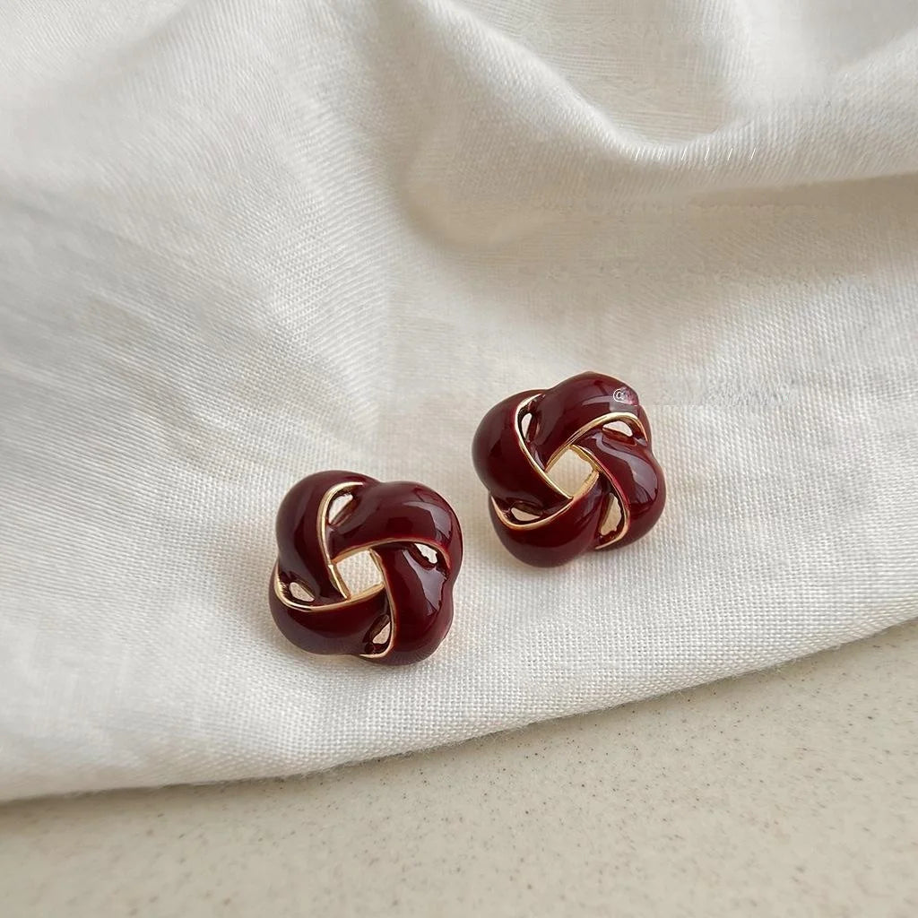 Premium Burgundy Enamel Geometric Hollow Stud Earrings, 14K Gold Plated Copper
