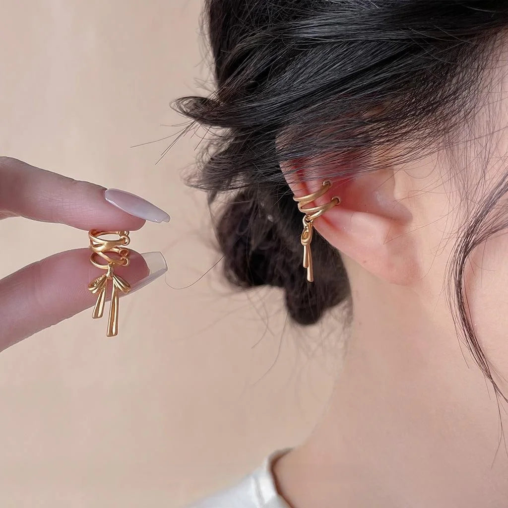 Designer Copper Bow Clip On Drop Earrings, No Piercing Style Ear Cuff Jewelry For Women