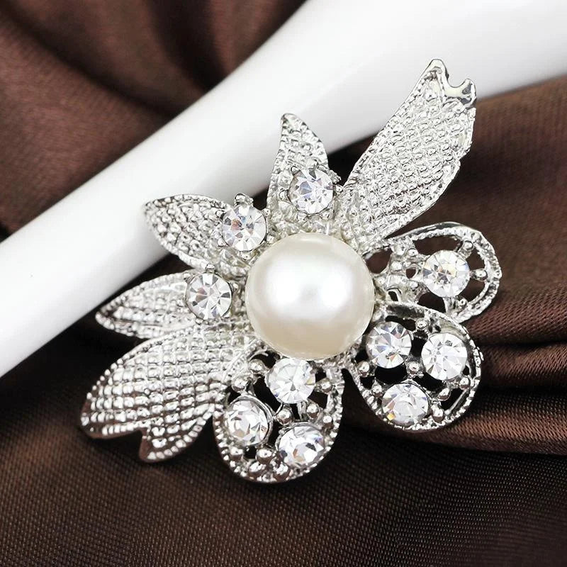 Elegant Rhinestone Pearl Flower Brooch, Silver Alloy Crystal Lapel Pin Corsage For Women's Suit Gift