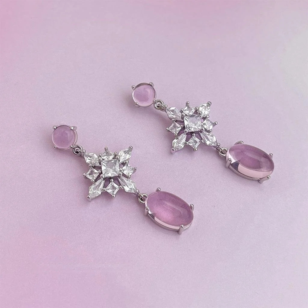 Chic Pink Zircon Flower Snowflake Long Tassel Drop Earrings With Copper