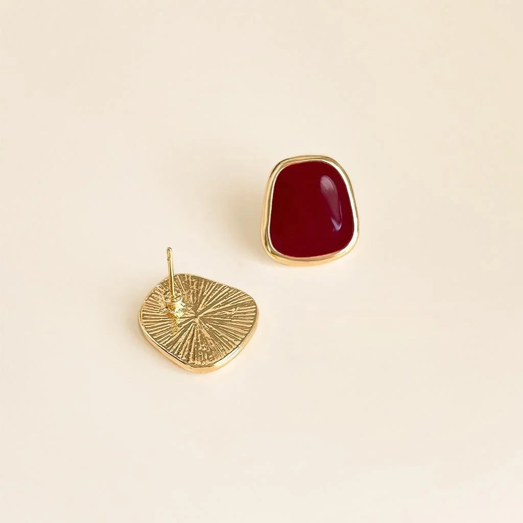 Vintage Burgundy Geometric 14K Gold Plated Enamel Copper Stud Earrings