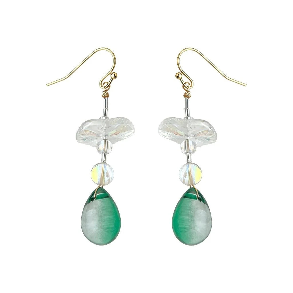 Handmade New Chinese Style Jade Color Glass Crystal Geometric Lotus Leaf Drop Earrings