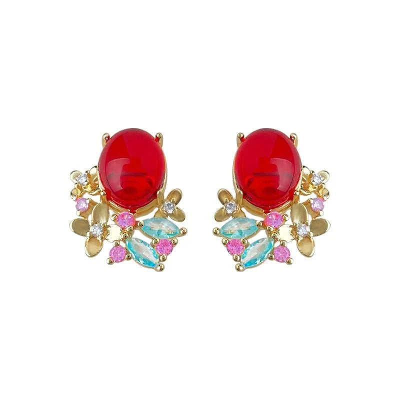 Vintage Ethnic Burgundy Geometric Stud Earrings Copper Zircon Glaze Floral Leaf Jewelry