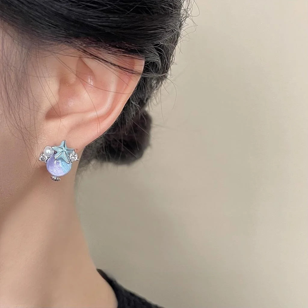 Personalized Designer Micro Pave Zircon Starfish Resin Copper Stud Earrings Vacation Style