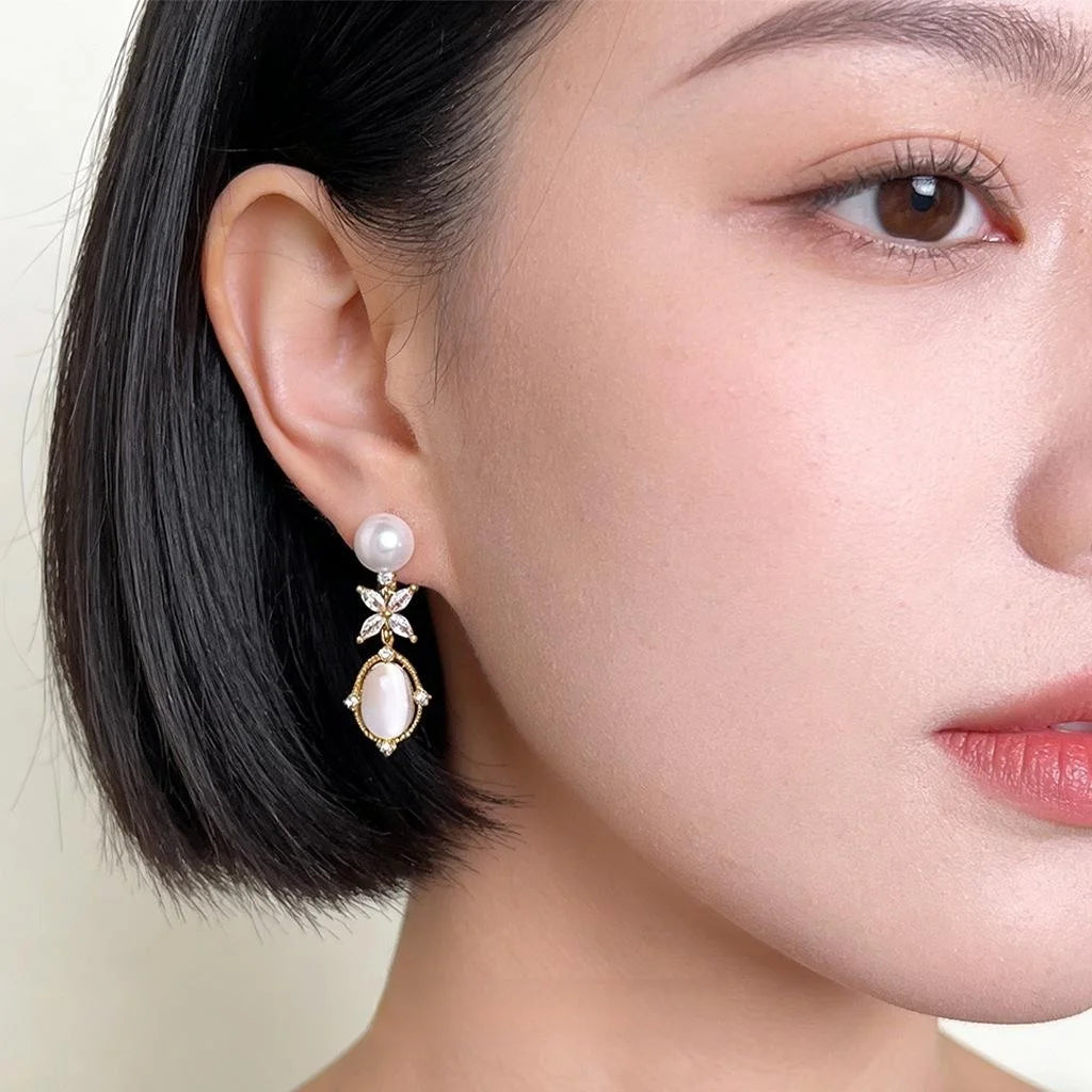 Geometric Glass Cat Eye Stone Zircon Micro Pave Long Drop Earrings