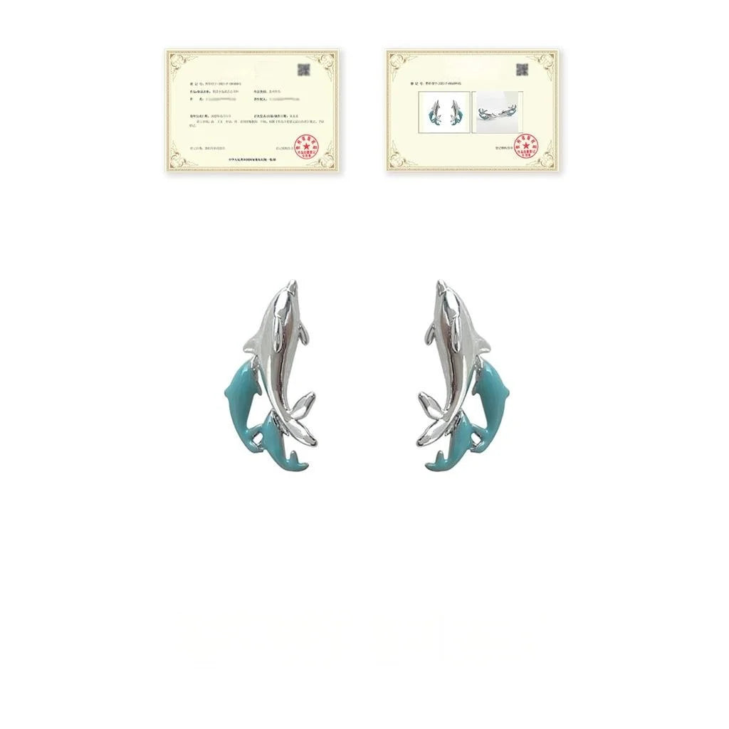 Silver Plated Copper Whale Dolphin Stud Earrings Ocean Animal Designer Sweet Cool Jewelry