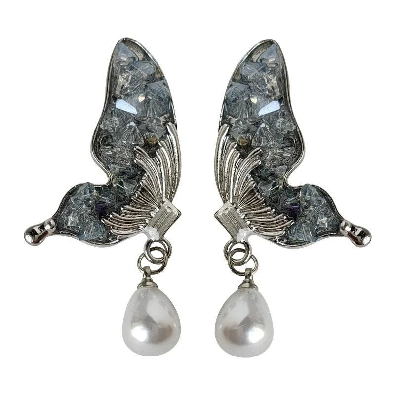Glass Crystal Butterfly Stud Earrings Silver Plated Pin Light Luxury Spring Jewelry