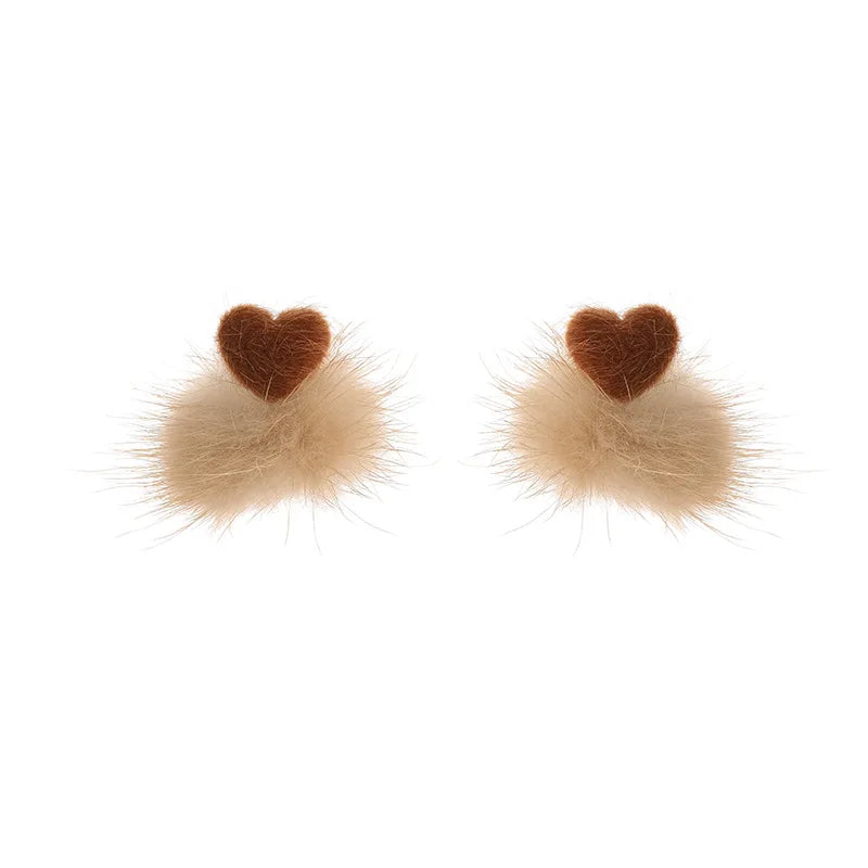 Elegant Soft Plush Heart And Mink Fur Ball Stud & Clip On No Piercing Winter Dangle Earrings