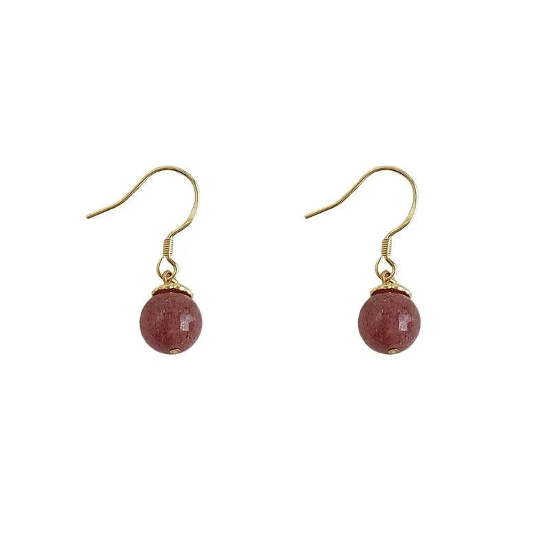Handmade Copper Strawberry Quartz Tassel Drop Earrings, Sweet Geometric New Chinese Style