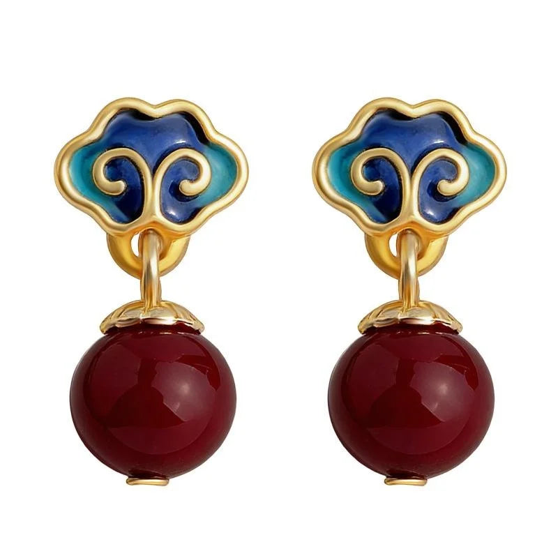 Handmade Vintage Chinese Court Style Red Enamel Glass Pearl Floral Drop Earrings With Auspicious Pattern