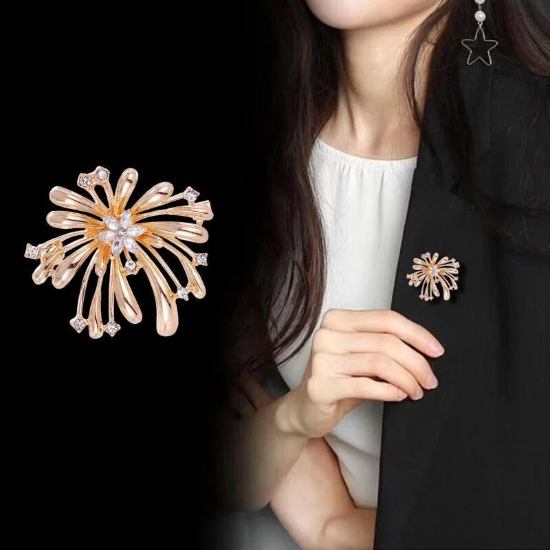 Luxury Fireworks Flower Brooch With Enamel Drops And Rhinestones, Elegant Lapel Pin Corsage Suit Accessory Gift