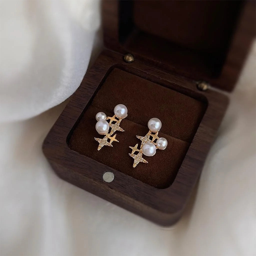 Light Luxury Copper Micro Pave Zircon Star Stud Earrings With High Luster Pearl Geometric Design