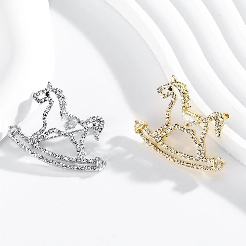 Cute Rhinestone Rocking Horse Brooch Elegant Silver Alloy Lapel Pin Corsage Suit Accessory Gift