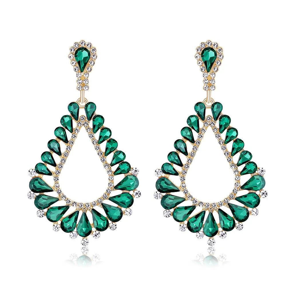 Vintage Bohemian Green Glass Crystal Rhinestone Teardrop Alloy Chandelier Earrings For Wedding Party