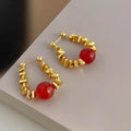 Light Luxury Red Agate Natural Stone Geometric Round Copper Drop Earrings
