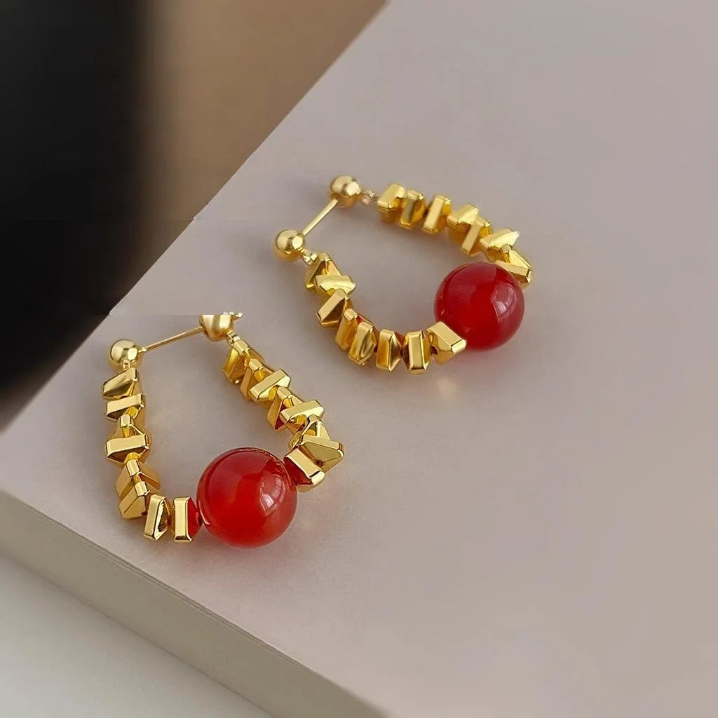 Light Luxury Red Agate Natural Stone Geometric Round Copper Drop Earrings
