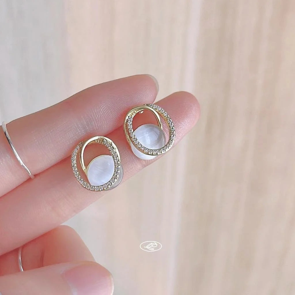 French Luxury Oval White Glass Cat Eye Stone Stud Earrings With Micro Pave Zircon Copper