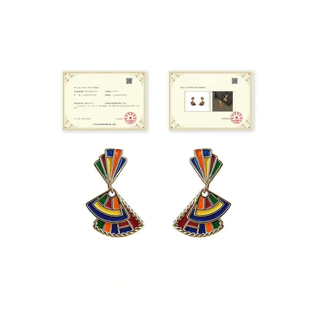 Original Painted Ethnic Fan Shaped Eco Friendly Copper Drop Earrings With Silver Plated Pins
