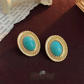 Vintage Artistic Oval Geometric Matte Copper Synthetic Turquoise Drop Earrings