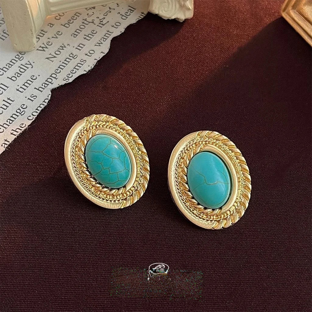 Vintage Artistic Oval Geometric Matte Copper Synthetic Turquoise Drop Earrings