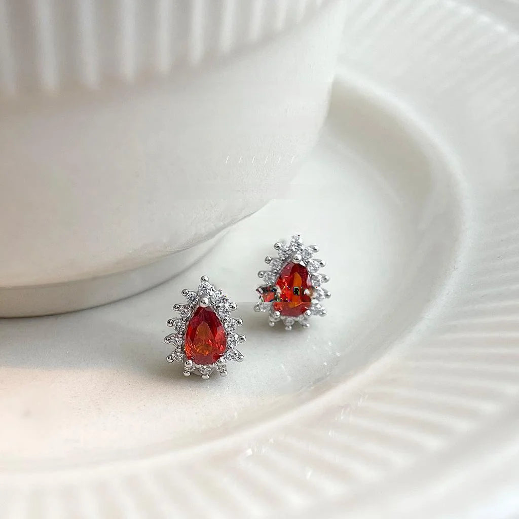 Mini Vintage Pigeon Blood Zircon Teardrop Stud Earrings Copper