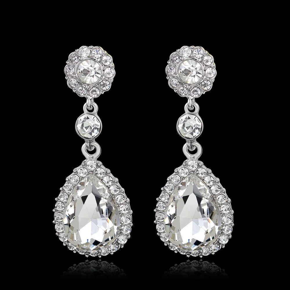 Elegant Red Teardrop Crystal Rhinestone Dangle Earrings, Silver Tone Bridal Jewelry For Wedding Party