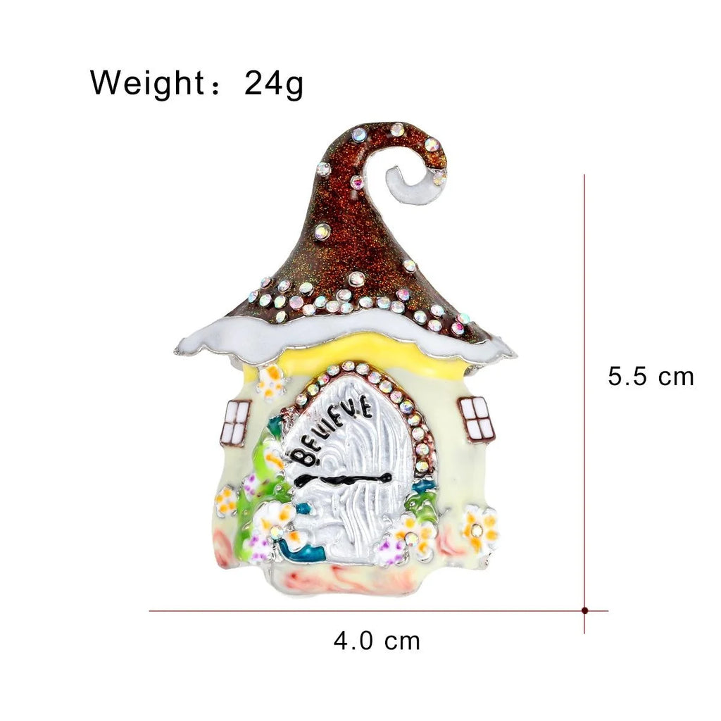 Cute Christmas Fairy House Enamel Rhinestone Brooch, Glitter Roof Lapel Pin Corsage Holiday Gift