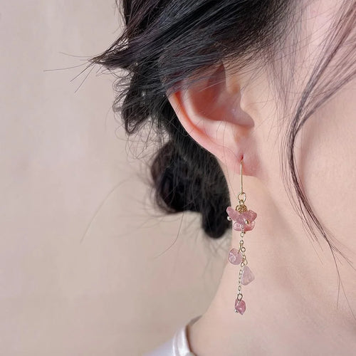 Handmade Strawberry Quartz Chip Stone Tassel Drop Earrings Forest Style Geometric Jewelry